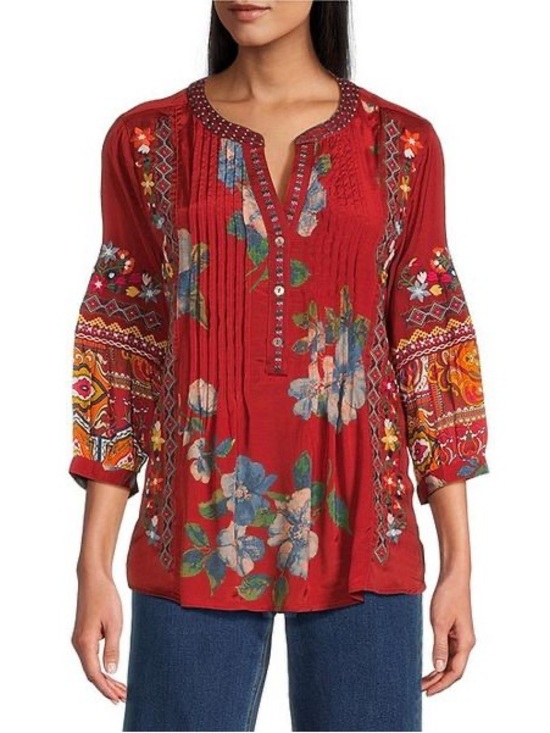 John Mark Tops - John Mark Embroidered Multi Patch Boho Tunic Blouse Dark Spice L